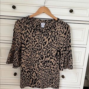 Chico's Tan and Black Leopard Ruffle-Sleeve Blouse Size XS/Chicos 0/misses4-6
